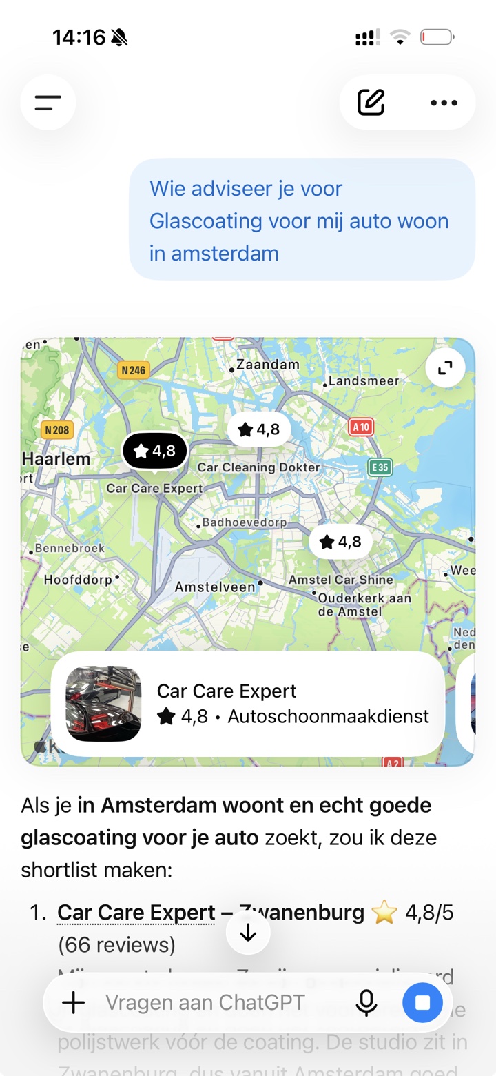ChatGPT beveelt Car Care Expert Zwanenburg aan op glascoating-vraag uit Amsterdam