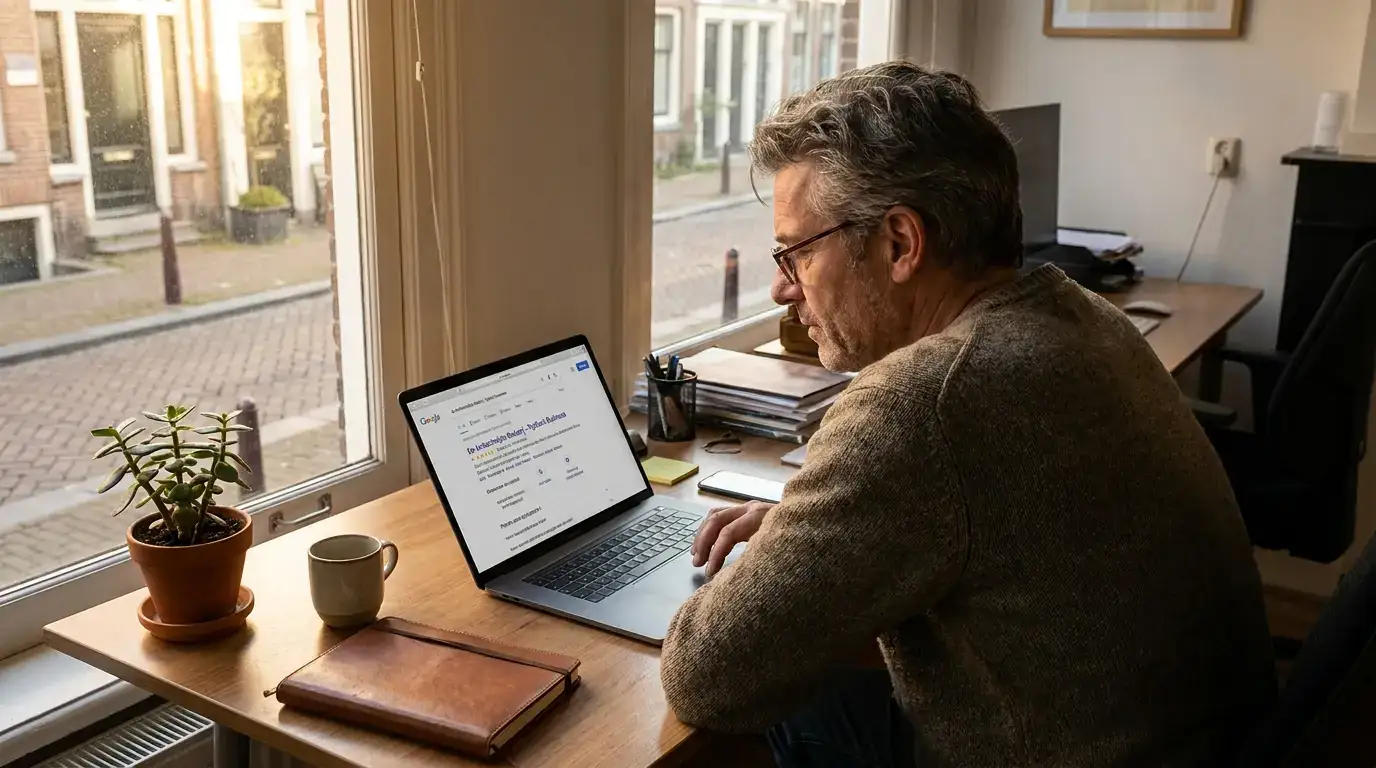 MKB-ondernemer onderzoekt Google-resultaten — Triple Nine Digital